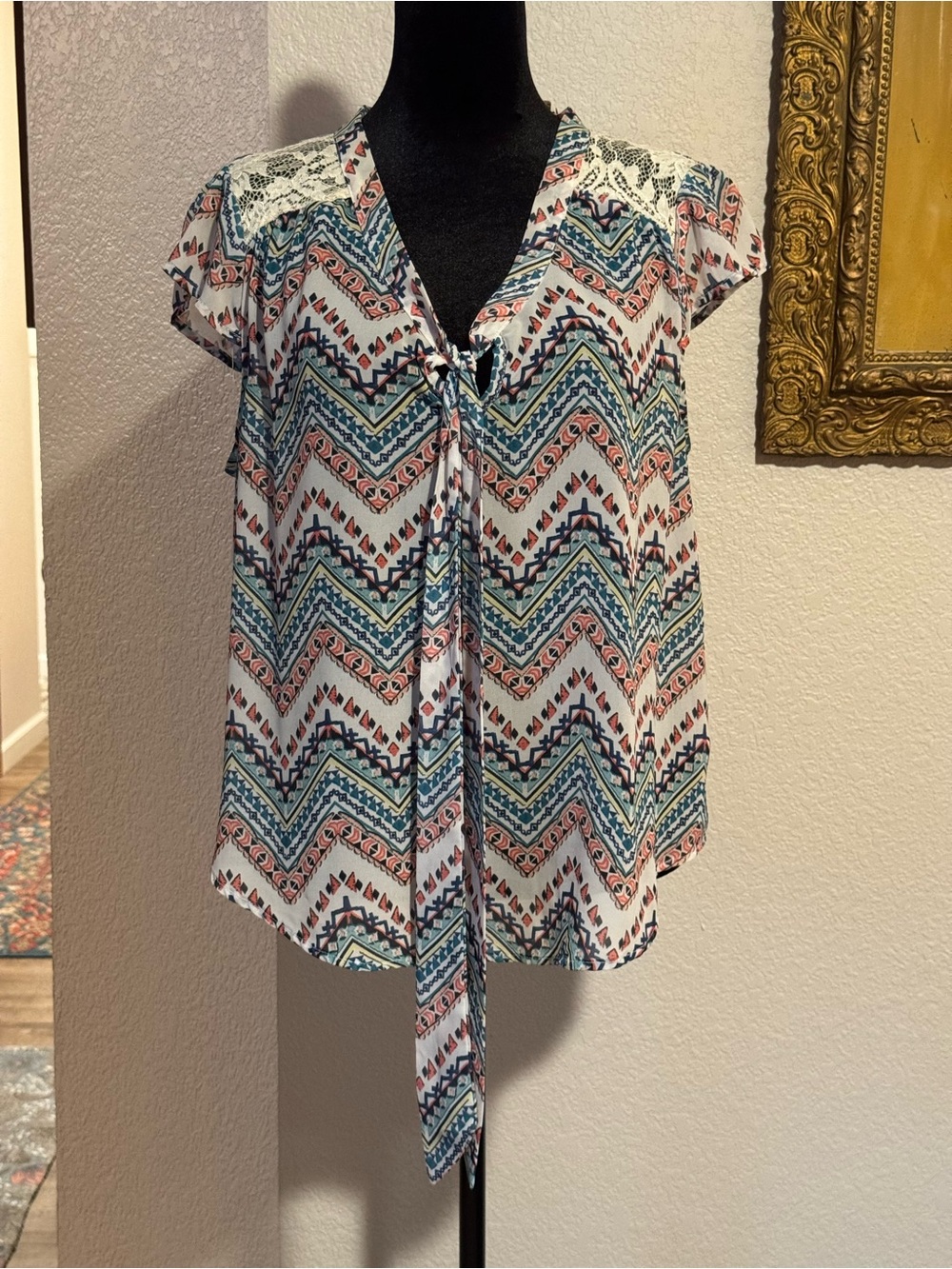 Xhilaration Chevron Tie-Front Blouse in White, Teal & Coral